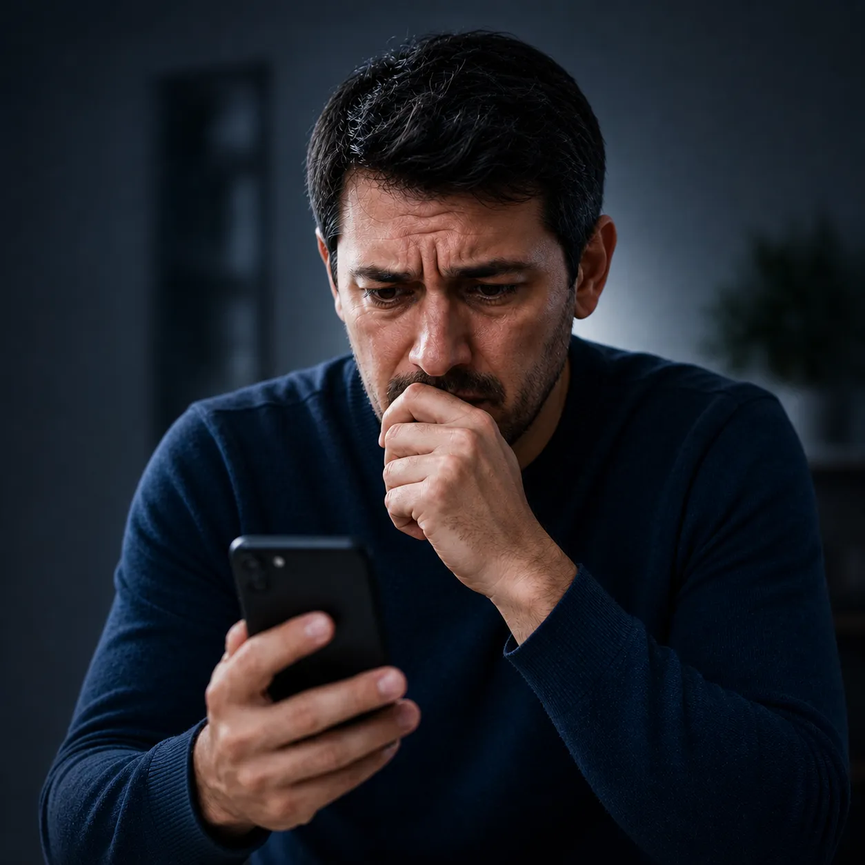 Persona preocupada revisando su celular